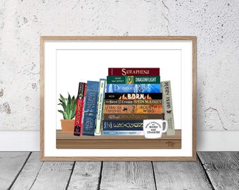 Custom Dragon Bookshelf Print | Dragon Book Art | Fantasy Wall Decor for Book Lovers, Library, Reading Nook | Dragonophile | Dragon Lover