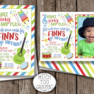 Puede incluir: Una colorida invitación de cumpleaños con el texto "¡Baila, canta y juega! ¡Hagamos ruido para el 1er cumpleaños de Finn!" con instrumentos musicales y una foto de un niño sonriente. La invitación incluye detalles del evento.