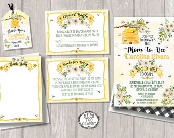 Mom to Bee Baby Shower invitation - Diaper Raffle - Books for Baby - Watercolor Daisies & Bees Invite - Summer Black Gingham and Honeycomb