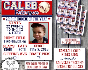 1st Birthday Baseball Trading Cards - Baseball Milestone Sign Little Slugger Rookie of the Year Digital Print Custom Party Favors