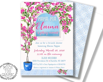 Greek Isles Bachelorette Party - Sweet 16 Birthday Invitation Mediterranean Blue Tiles & Fuchsia Pink Bougainvillea Dancing Party - Greece