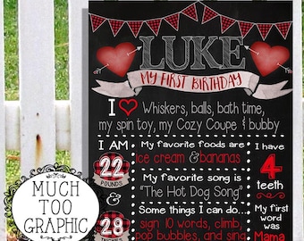 Valentine's Day 1st Birthday Chalkboard Sign Boy's - King of Hearts - Buffalo Plaid Boy's Boys 1st Birthday Custom Printable