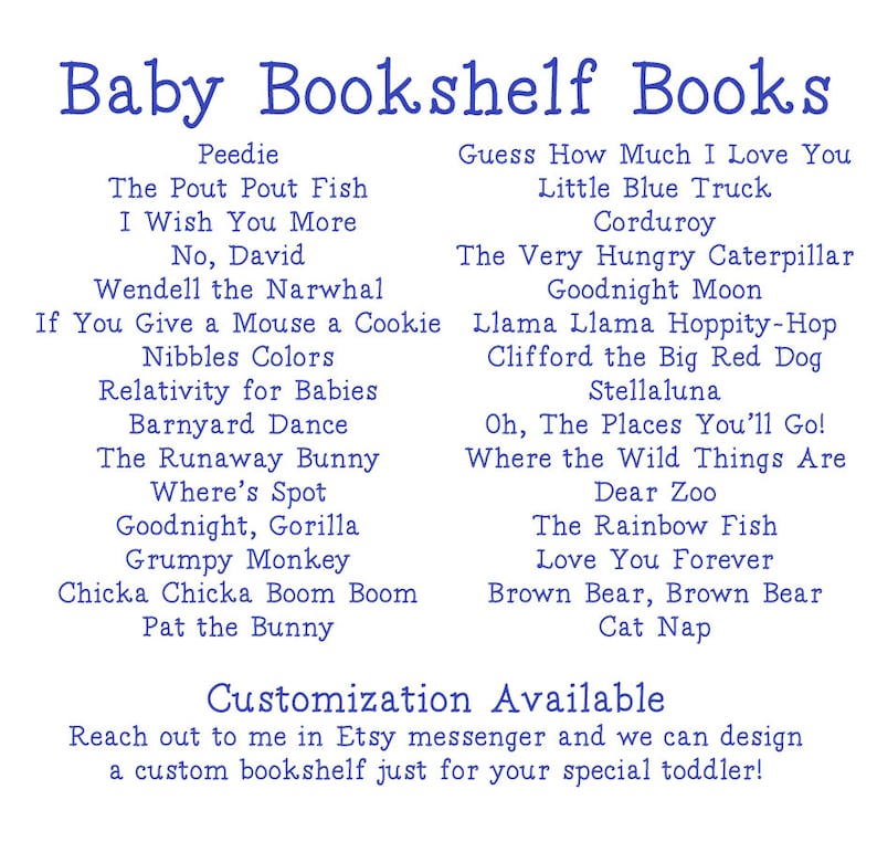 Op de afbeelding: Een lijst met kinderboektitels, waaronder "The Pout Pout Fish", "Goodnight Moon", "Where the Wild Things Are" en "Brown Bear, Brown Bear". De lijst heeft de titel "Baby Bookshelf Books" en bevat een notitie met de tekst "Customization Available".