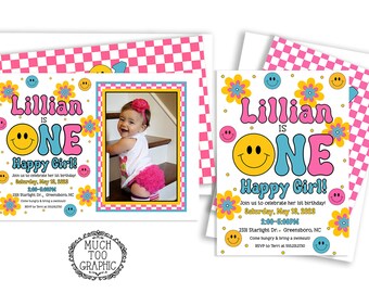 One Happy Dude - One Happy Girl - Birthday Invitation  Groovy Retro Pink Orange Yellow Turquoise First Birthday Party Printables BUNDLE