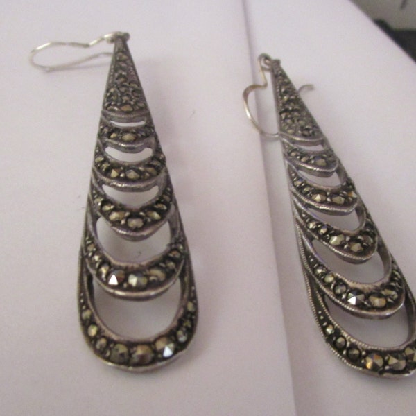 vintage dangling sterling silver marcasite earrings3"drop in good condition 9.6g