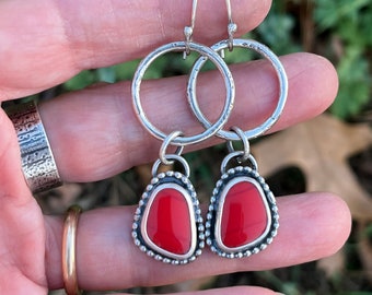 Red rosarita hoop earrings/rosarita jewelry/handcrafted sterling silver earrings/dangle hoops/artisan jewelry/natural stone earrings/boho