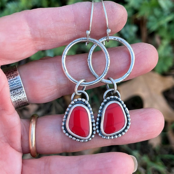 Red rosarita hoop earrings/rosarita jewelry/handcrafted sterling silver earrings/dangle hoops/artisan jewelry/natural stone earrings/boho