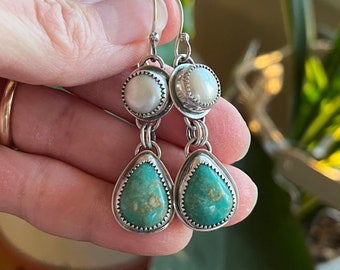 Turquoise and pearl earrings/turquoise jewelry/rustic pearl earrings/boho bride/boho cowgirl/modern bohemian/artisan made jewelry/luxe boho