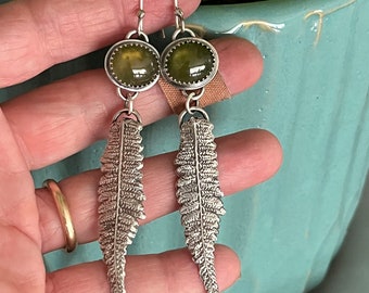 Fern leaf earrings/green vesuvianite earrings/sterling silver ferns/nature inspired jewelry/artisan made jewelry/woodland earrings
