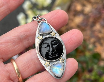 Moon and stars pendant necklace/moon face jewelry/hand carved onyx/moonstone jewelry/onyx necklace/stars and moon/celestial jewelry/artisan