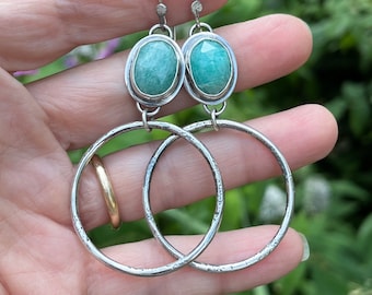 Amazonite hoop earrings/big hoop earrings/amazonite jewelry/rustic boho jewelry/modern bohemian/artisan jewelry/handcrafted sterling silver