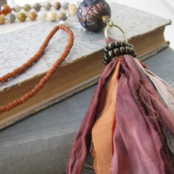 SALE~ Sari silk tassel necklace,Fair trade recycled sari silk,bohemian jewelry,long hand knotted necklace,natural stones, terracotta, copper
