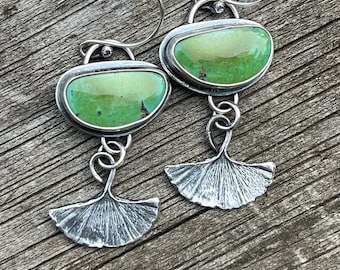 Green turquoise earrings/sterling ginkgo leaf earrings/cast sterling leaves/turquoise jewelry/nature inspired jewelry/artisan jewelry