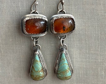 Turquoise and amber earrings/turquoise jewelry/turquoise teardrops/two stone jewelry/earthy jewelry/boho babe/artisan made jewelry