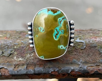 Green turquoise ring/turquoise jewelry/chunky turquoise ring/statement ring/unique ring/green blue turquoise/boho babe/artisan made jewelry