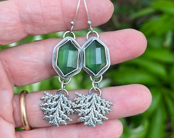 Faceted green stone earrings/chrome diopside/sterling evergreen leaves/nature inspired jewelry/artisan made earrings/forest jewelry/rustic