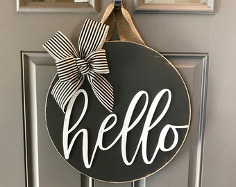 Door Decoration, Hello, Door Hanger, Front Door Decor, Door Wreath, Housewarming Gift, Grey, Home Decor, Wood Round Sign, Door Sign, Modern