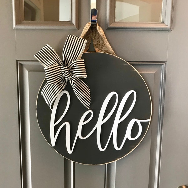 Door Decoration, Hello, Door Hanger, Front Door Decor, Door Wreath, Housewarming Gift, Grey, Home Decor, Wood Round Sign, Door Sign, Modern