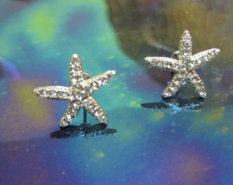 Silver Starfish Earrings - Stud Earrings - Rhinestone Starfish Earrings - Beach Earrings - Beach Wedding - Nautical Jewelry