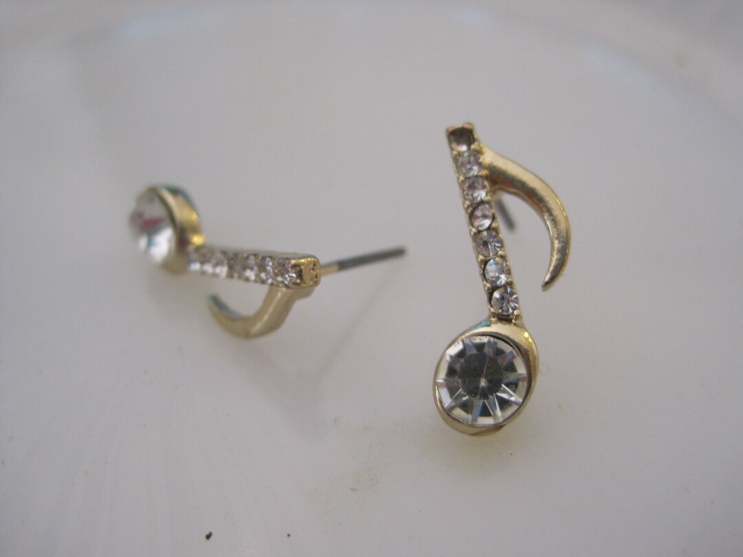 Gold Music Note Earrings Stud Earrings Rhinestone Single Music Note
