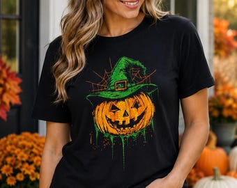 Halloween Witch Pumpkin Embroidered T-Shirt, Spooky Jack O Lantern Shirt, Halloween Graphic Tee, Fall Shirt, Unisex Halloween Tee