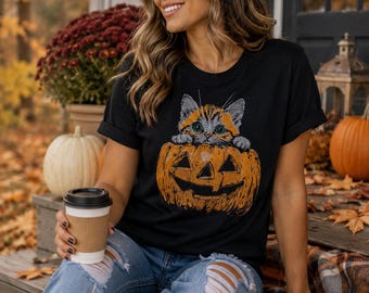 Halloween Cat Pumpkin Embroidered T-Shirt, Cute Cat Fall Tee, Jack O Lantern T-Shirt, Halloween Shirt, Spooky Season Tee