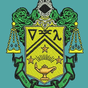 May include: A yellow and green crest with a lamp, stars, and the text "Delta Lambda Phi" on a green ribbon.