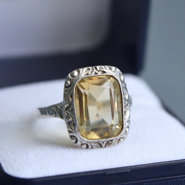 Art Deco natural citrine silver ring size US 6.75 UK N, Art Deco jewellery