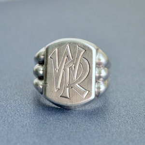Art Deco WR letter initials 835 silver men women monogramming signet ring size US 8.75 UK R