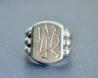 Art Deco WR letter initials 835 silver men women monogramming signet ring size US 8.75 UK R