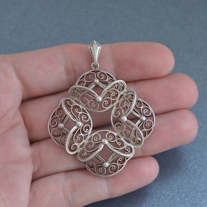 Large antique silver filigree 3 dimensional pendant, antique hand crafted jewelry