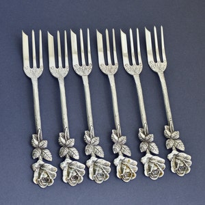 6X Christoph Widmann 835 silver Hildesheimer rose dessert cake forks, vintage solid silver dessert cake pie pastry forks