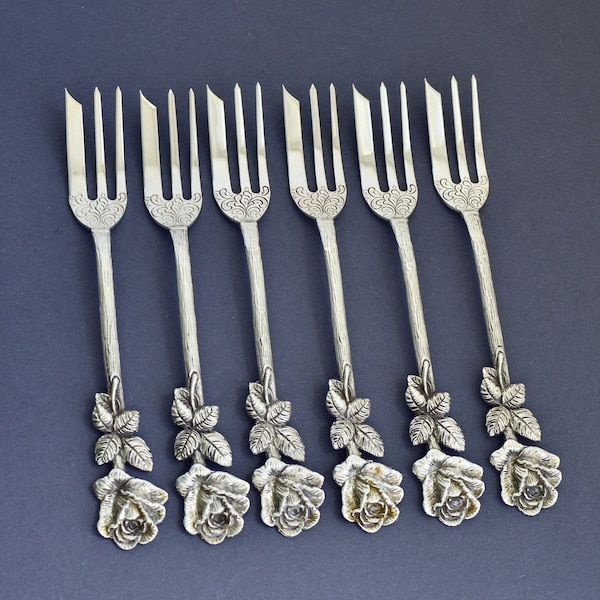 6X Christoph Widmann 835 argent Hildesheimer rose fourchettes à gâteau dessert, fourchettes à pâtisserie vintage en argent massif gâteau tarte