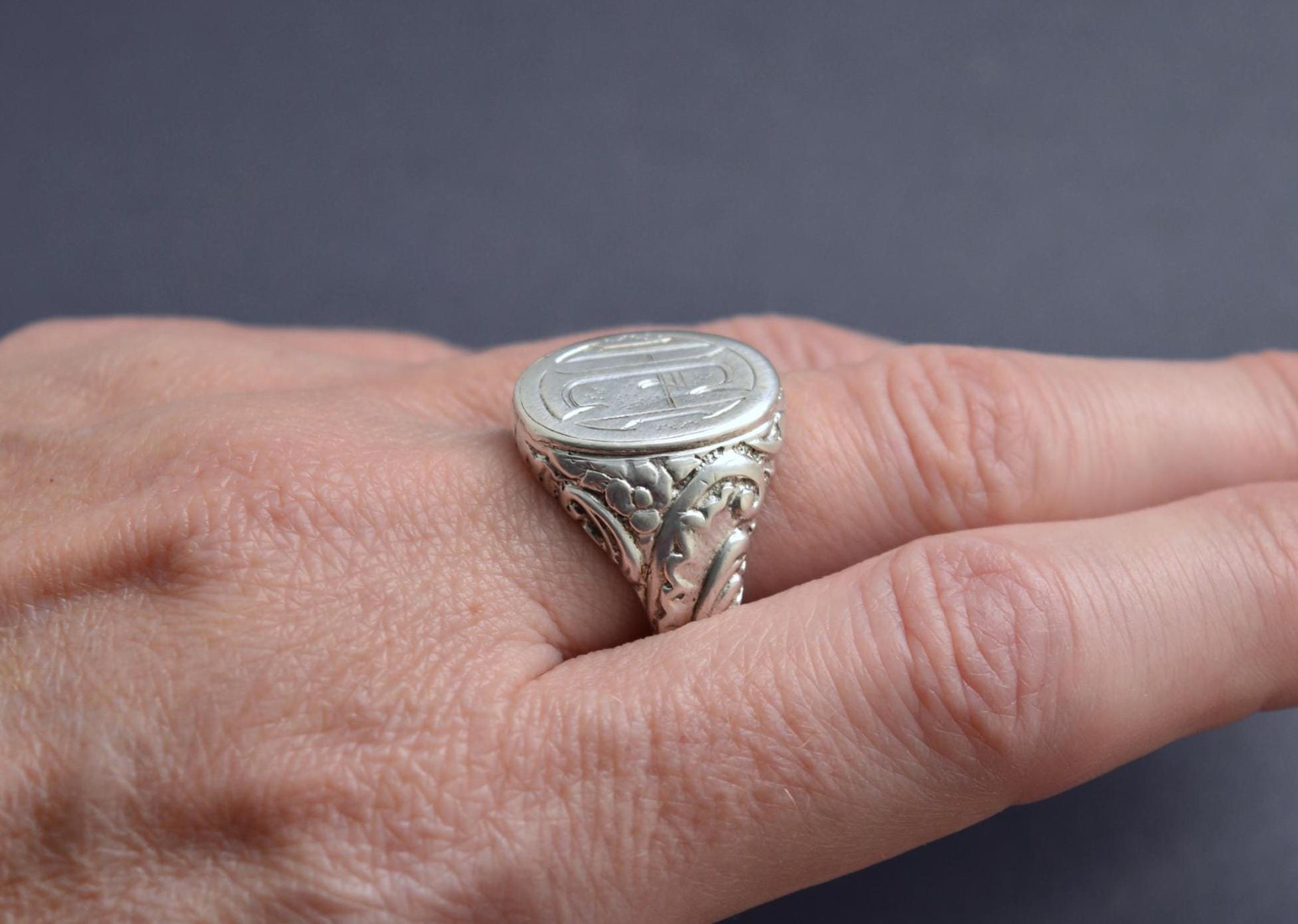 Chevalière Allemande Ancienne En Argent 800 - Taille 65 - Gravée HG - Occasion