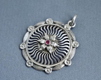 Antike Jugendstil 800er Silber Rubinpaste Blumen Anhänger Halskette, Jugendstil Schmuck