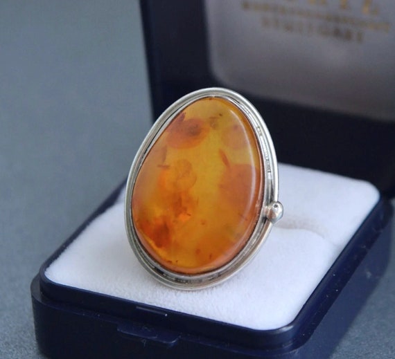 Huge 10g natural Baltic amber 925 silver ring  si… - image 1