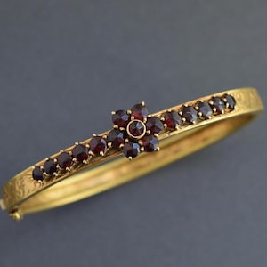 Antique Edwardian Bohemian garnet gold filled cuff bangle bracelet
