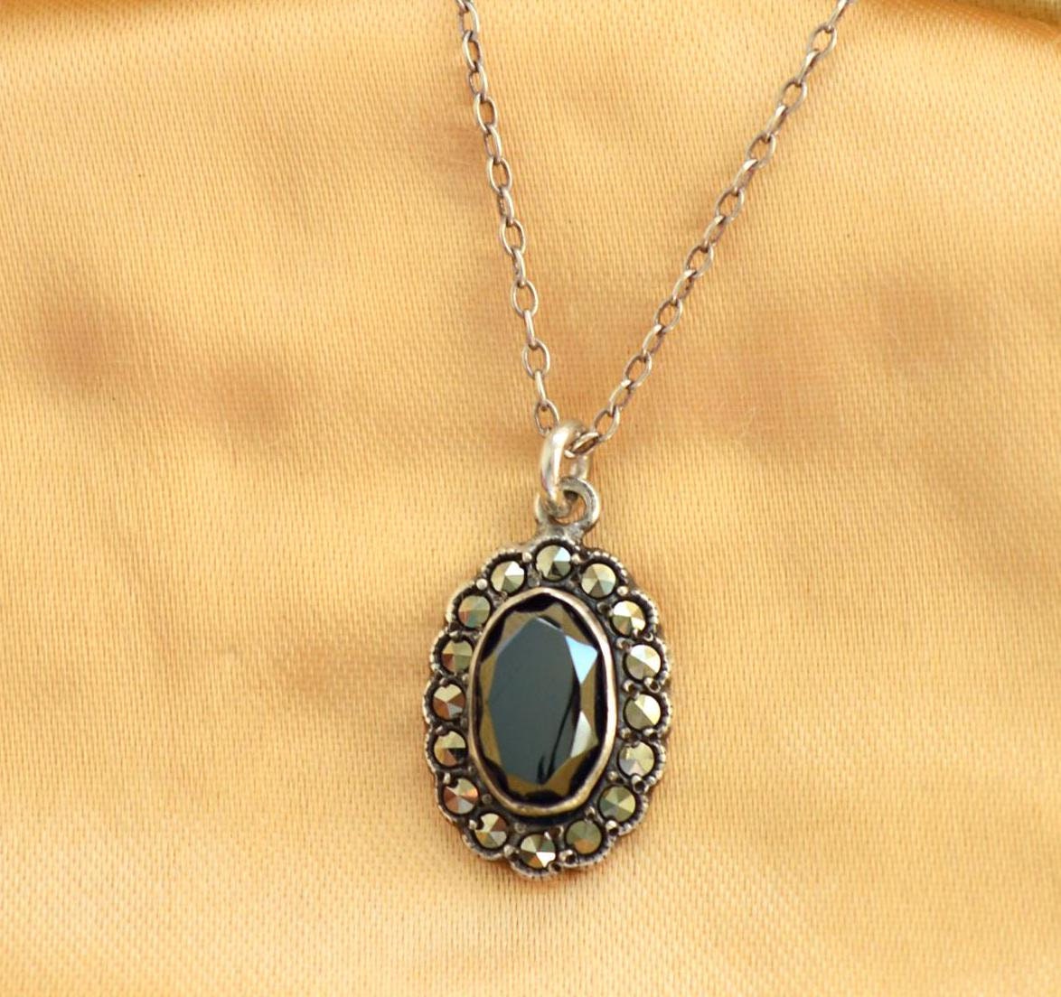 Pendentif Art Déco En Argent Avec Hématite Et Marcasite - Vintage Années 20, Très Bon état