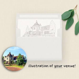 May include: A black and white line drawing illustration of a large house with a turret and a long driveway. The illustration is on a white envelope with a circle showing a color photograph of the same house.
