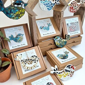 May include: A collection of mosaic bird kits and finished bird ornaments. The kits are in brown boxes with the text "Elaine Farmer Mosaics". The mosaic birds are in various colors, including blue, green, red, and gold. The finished birds are hanging from a wooden structure.