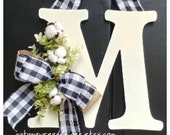 Large Door Monogram Wreath, Farmhouse Black Buffalo Check Ribbon with Eucalyptus and Cotton, Wreaths