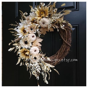 Large FALL Wreath, Neutral Cream Wreath, Fall Front Door Decor, Sunflower and Maple Leaves