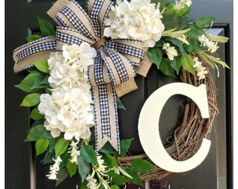 All Season Cream Hydrangea Wreath, Buffalo Check Bow Wreath, Everyday Farmhouse Door Wreath, Greenery Door Wreath with Bow, Gift