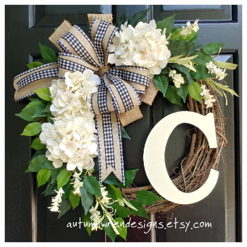 Year Round Buffalo Check Farmhouse Door Wreath with Cream Hydrangeas, Mothers day gift, Everyday Black Buffalo Check Bow Door Wreath, Gift image 1