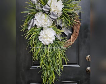 Large Neutral Hydrangea Wreath, Black Striped Bow, Year Round Greenery, White decor,