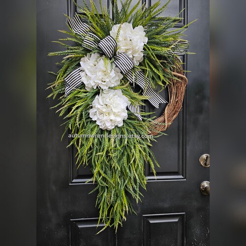 Large 26x38 Neutral Hydrangea Wreath, Black Striped Bow, Year Round Greenery, White decor,, Gift