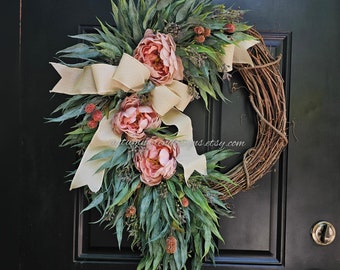 Extra Large Eucalyptus Wreath, Spring Door Wreath with Dusty Pink Hydrangeas, Eucalyptus and Hydrangea Wreath, Easter decor, Mother s Gift