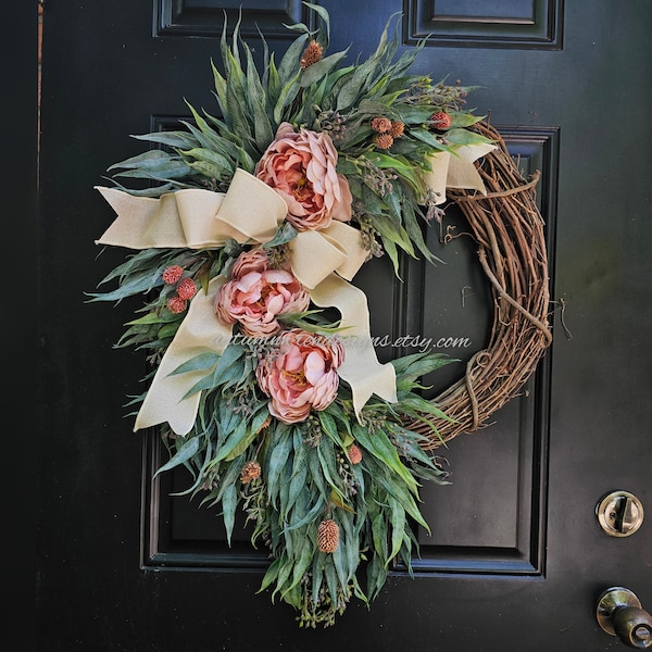 Extra Large Eucalyptus Wreath, Spring Door Wreath with Dusty Pink Hydrangeas, Eucalyptus and Hydrangea Wreath, Easter decor, Mother s Gift