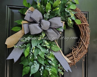 Greenery Wreath Year Round, LARGE 21" Eucalyptus Wreath for Front Door, Everyday Farmhouse Wreath with Gray and Black Striped Bow