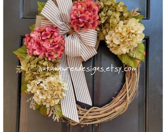 Large Spring Hydrangea Wreath, Sage Green, Cranberry Pink and Cream, Front Door Wreath, Year round Wreath for Door, Gift